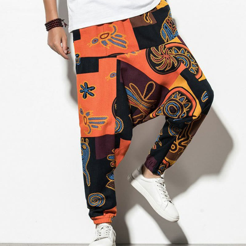 Buddha Stones Red Brown Graffiti Bird Print Cotton Men's Harem Pants With Pockets