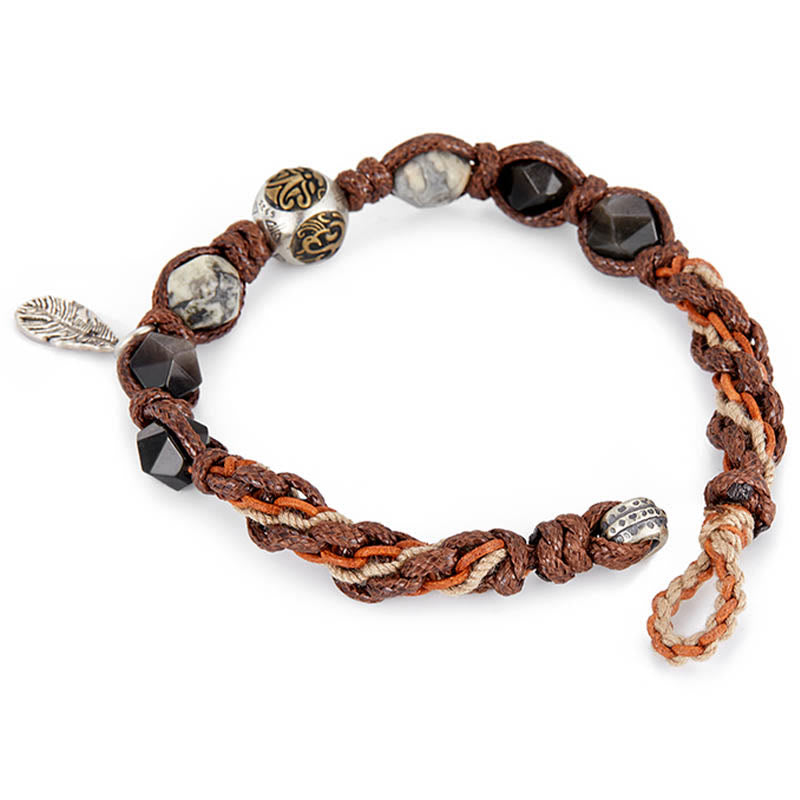 Buddha Stones Retro 925 Sterling Silver Silver Sheen Obsidian Transport Rope Handmade Braided Bracelet