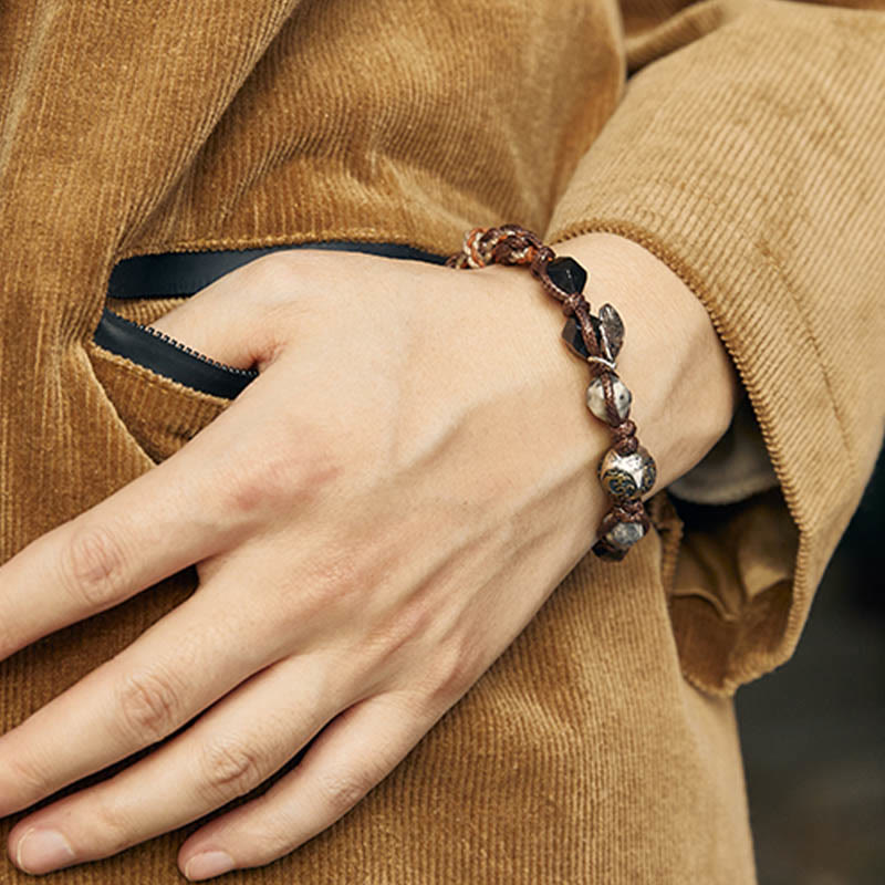 Buddha Stones Retro 925 Sterling Silver Silver Sheen Obsidian Transport Rope Handmade Braided Bracelet