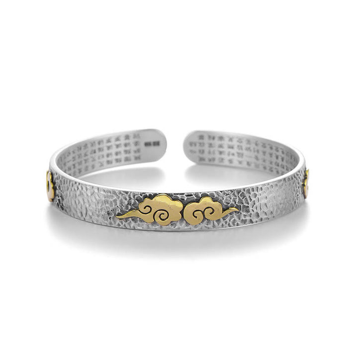 Buddha Stones Retro 999 Sterling Silver Heart Sutra Auspicious Cloud Wealth Cuff Bracelet Bangle