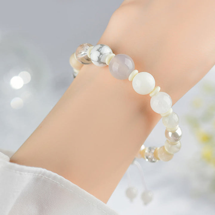 Buddha Stones White Agate Pearl 18 Beads Balance Luck Bracelet