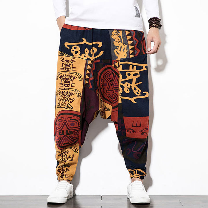 Buddha Stones Red Brown Graffiti Bird Print Cotton Men's Harem Pants With Pockets - image 10