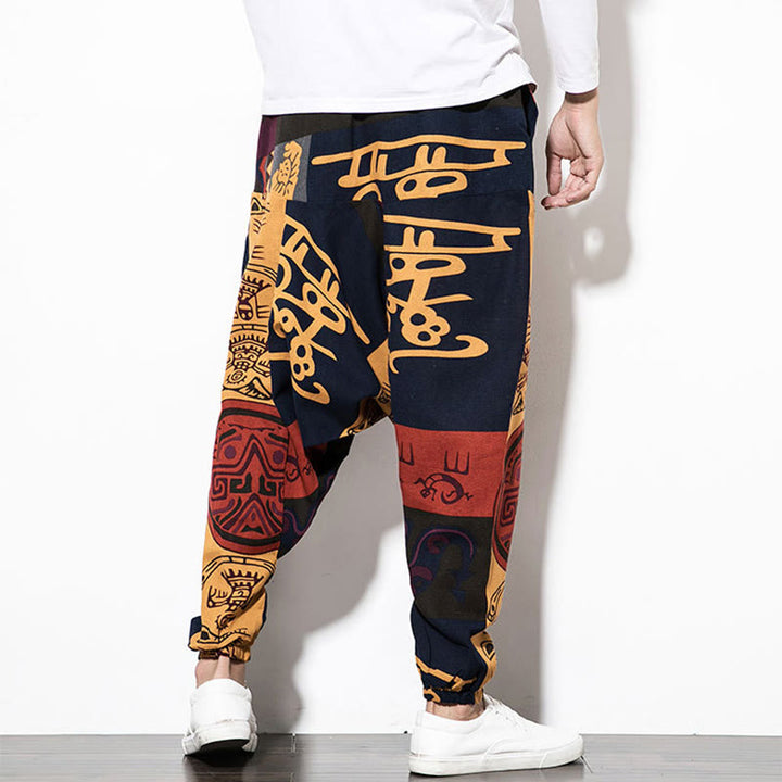 Buddha Stones Red Brown Graffiti Bird Print Cotton Men's Harem Pants With Pockets - image 2