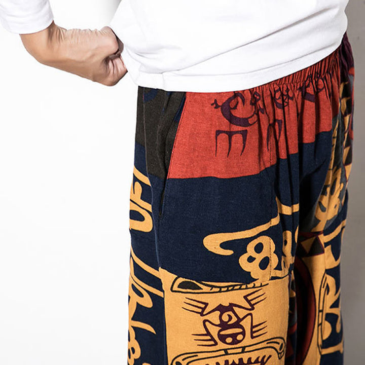 Buddha Stones Red Brown Graffiti Bird Print Cotton Men's Harem Pants With Pockets