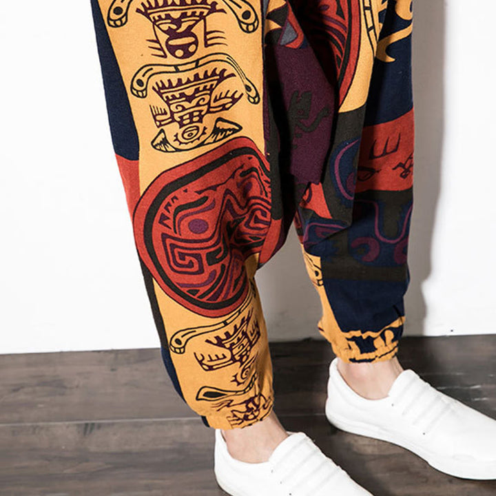 Buddha Stones Red Brown Graffiti Bird Print Cotton Men's Harem Pants With Pockets - image 9
