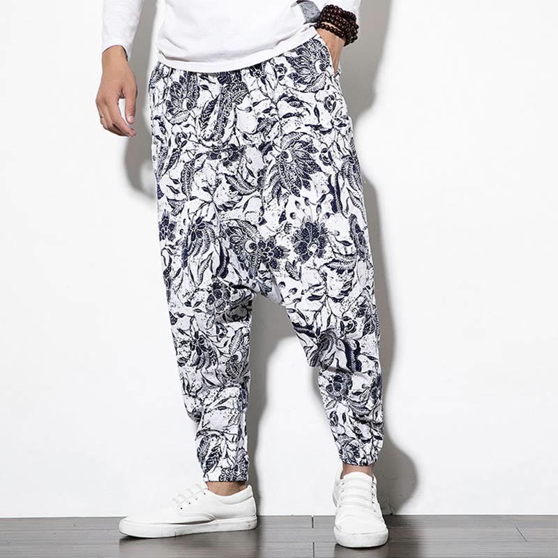 Buddha Stones Leaves Vine Print Cotton Men's Long Cropped Harem Pants With Pockets