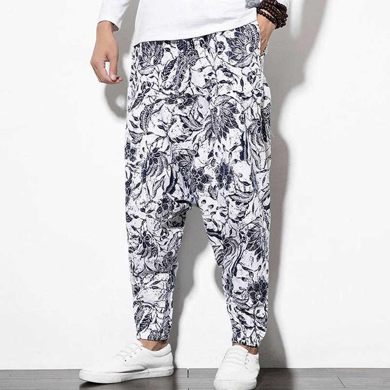 Buddha Stones Leaves Vine Print Cotton Men's Long Cropped Harem Pants With Pockets