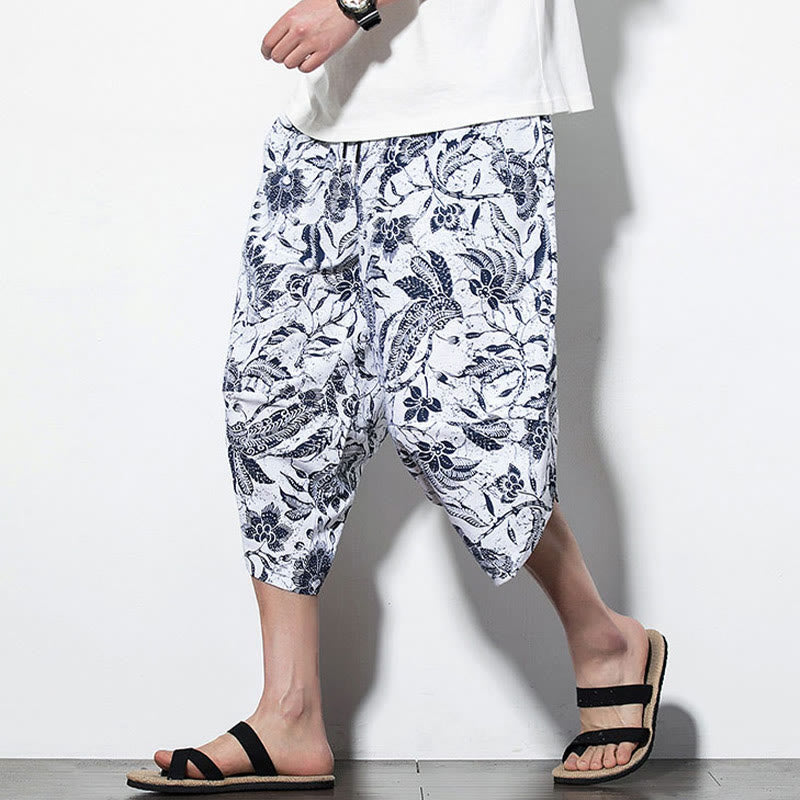 Buddha Stones Leaves Vine Print Cotton Men's Long Cropped Harem Pants With Pockets