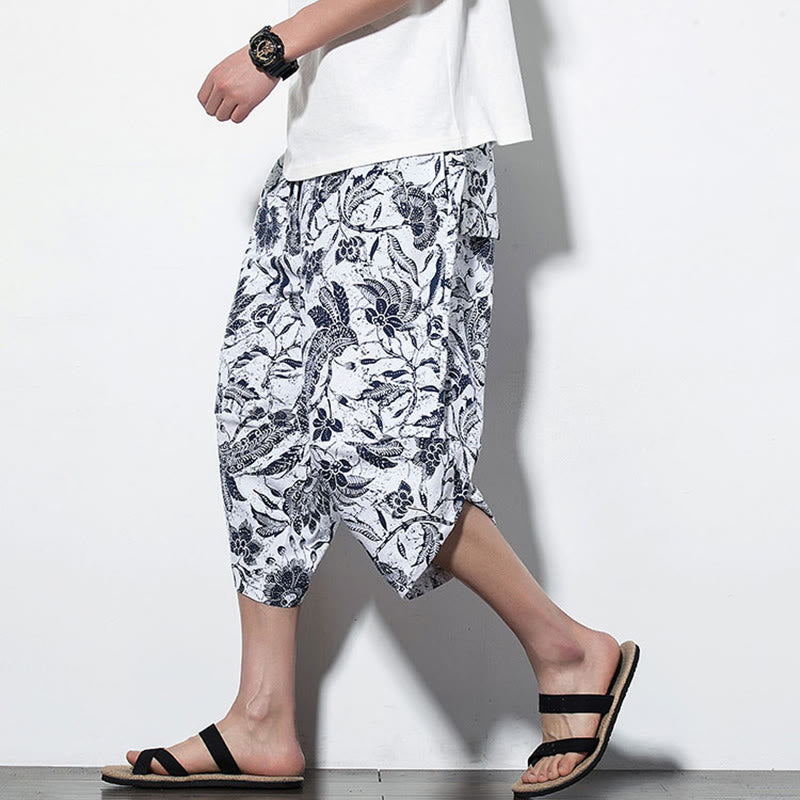 Buddha Stones Leaves Vine Print Cotton Men's Long Cropped Harem Pants With Pockets - image 16
