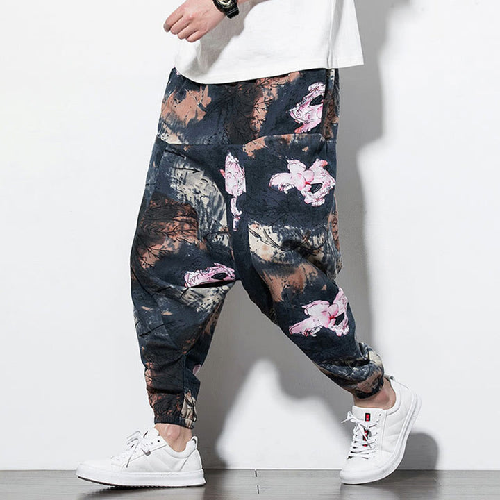 Buddha Stones Pink Lotus Ink Painting Print Cotton Men's Long Cropped Harem Pants With Pockets