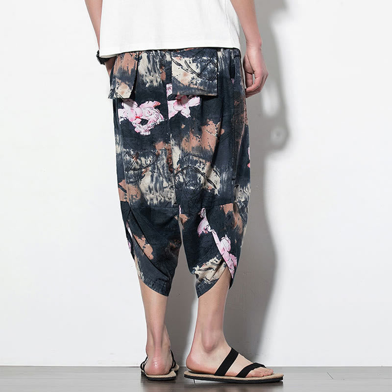 Buddha Stones Pink Lotus Ink Painting Print Cotton Men's Long Cropped Harem Pants With Pockets