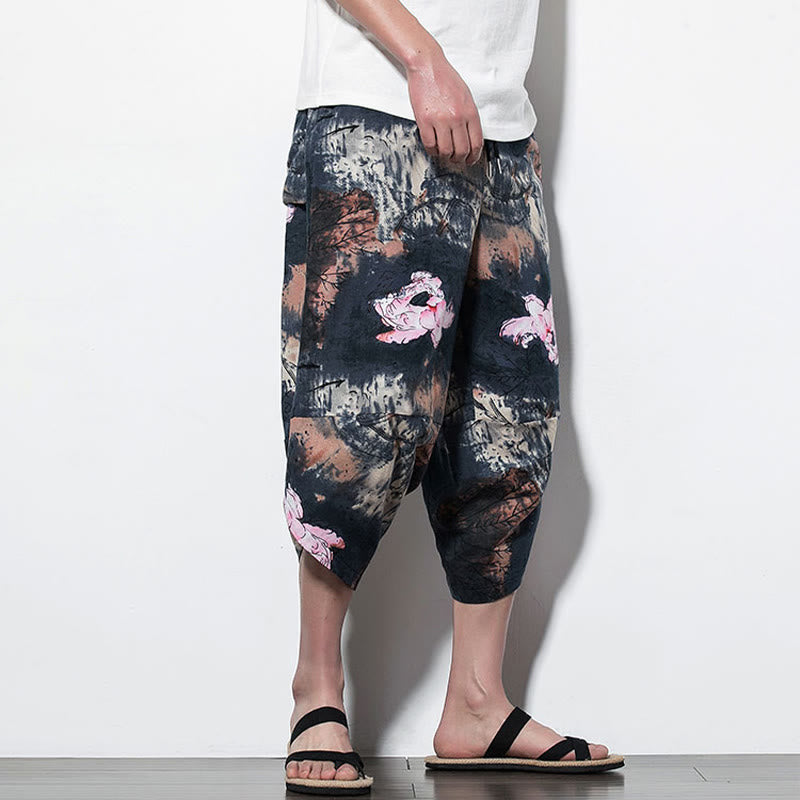 Buddha Stones Pink Lotus Ink Painting Print Cotton Men's Long Cropped Harem Pants With Pockets