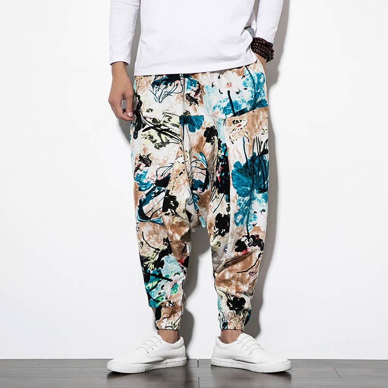 Buddha Stones Flowers Leaves Brown Blue Painting Print Cotton Men's Long Cropped Harem Pants With Pockets - image 1