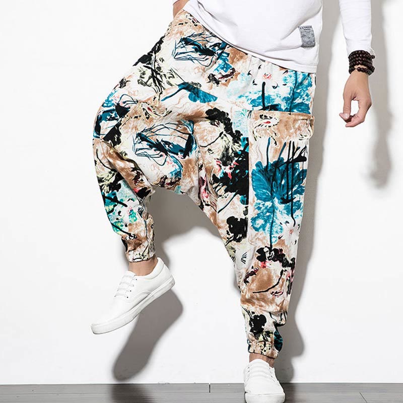 Buddha Stones Flowers Leaves Brown Blue Painting Print Cotton Men's Long Cropped Harem Pants With Pockets