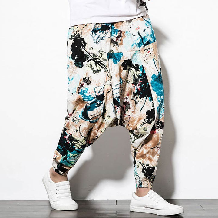 Buddha Stones Flowers Leaves Brown Blue Painting Print Cotton Men's Long Cropped Harem Pants With Pockets - image 4