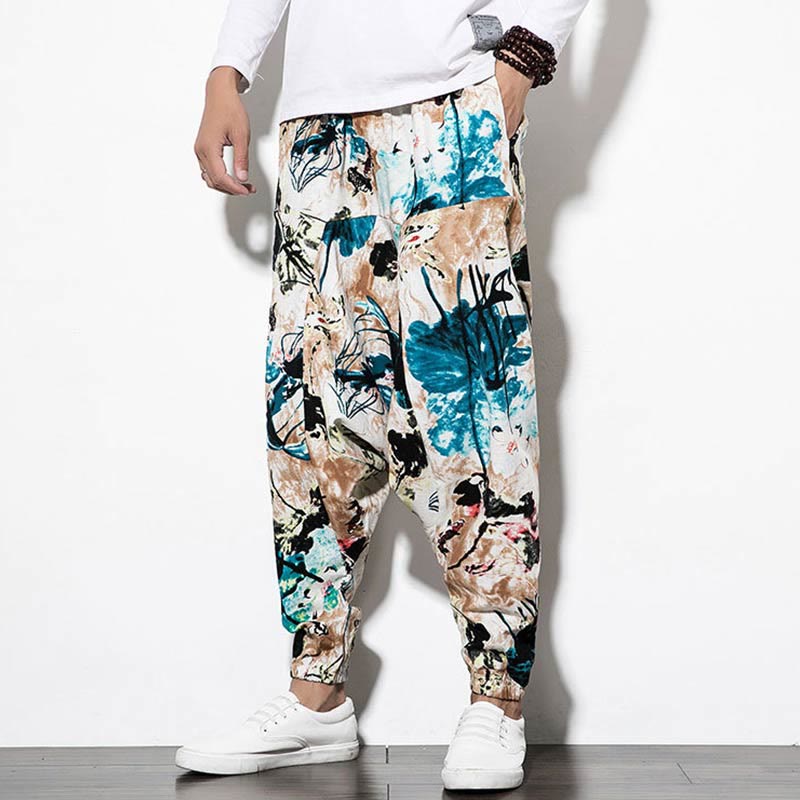 Buddha Stones Flowers Leaves Brown Blue Painting Print Cotton Men's Long Cropped Harem Pants With Pockets - image 7