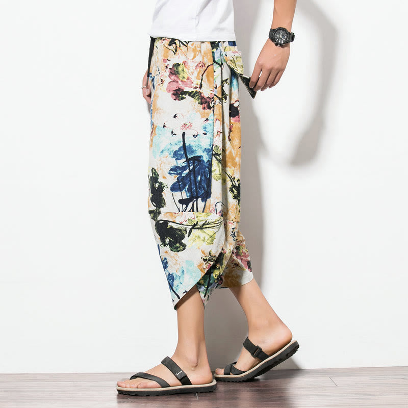 Buddha Stones Flowers Leaves Brown Blue Painting Print Cotton Men's Long Cropped Harem Pants With Pockets - image 15