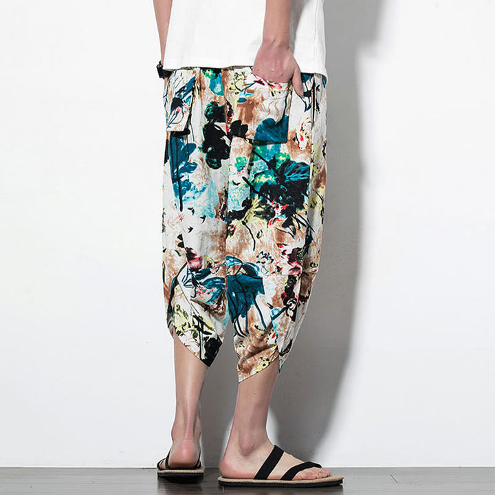 Buddha Stones Flowers Leaves Brown Blue Painting Print Cotton Men's Long Cropped Harem Pants With Pockets - image 11