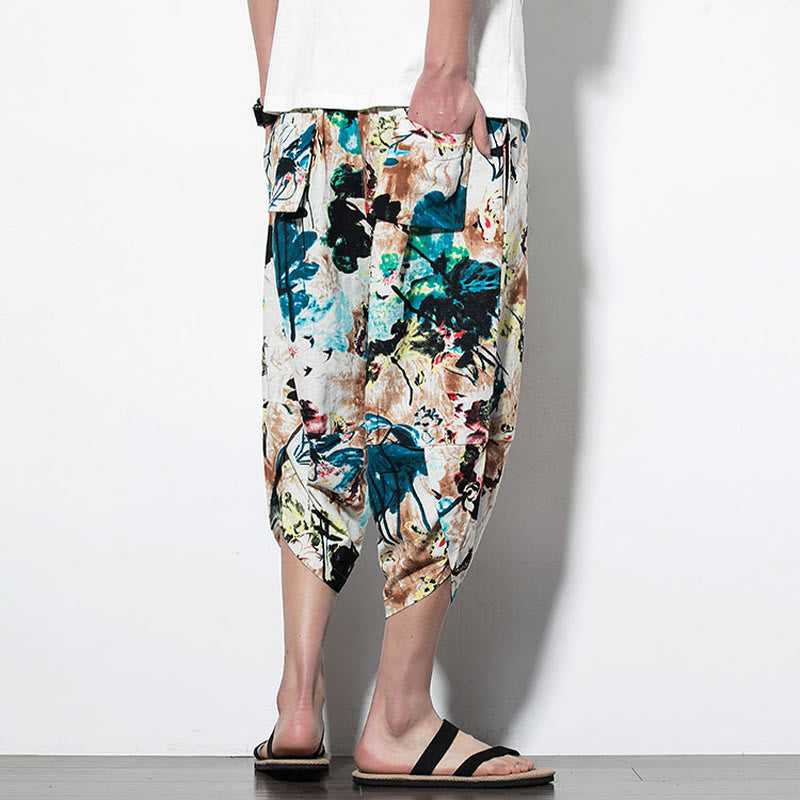 Buddha Stones Flowers Leaves Brown Blue Painting Print Cotton Men's Long Cropped Harem Pants With Pockets - image 11