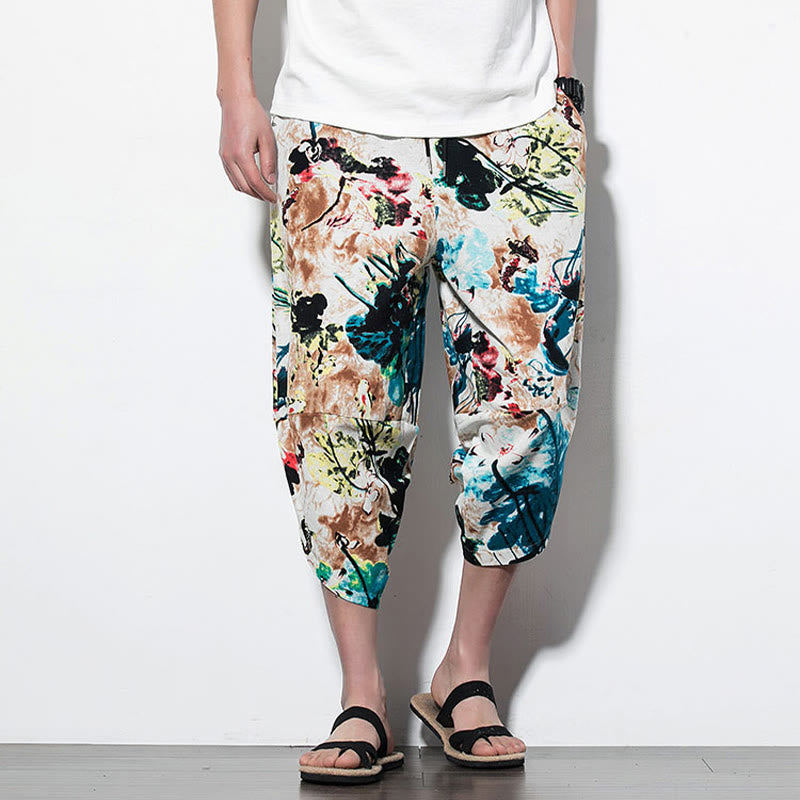 Buddha Stones Flowers Leaves Brown Blue Painting Print Cotton Men's Long Cropped Harem Pants With Pockets