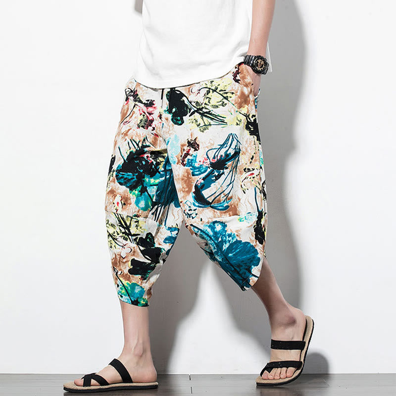 Buddha Stones Flowers Leaves Brown Blue Painting Print Cotton Men's Long Cropped Harem Pants With Pockets - image 18
