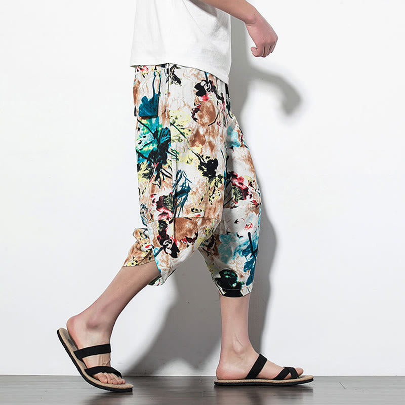 Buddha Stones Flowers Leaves Brown Blue Painting Print Cotton Men's Long Cropped Harem Pants With Pockets - image 16