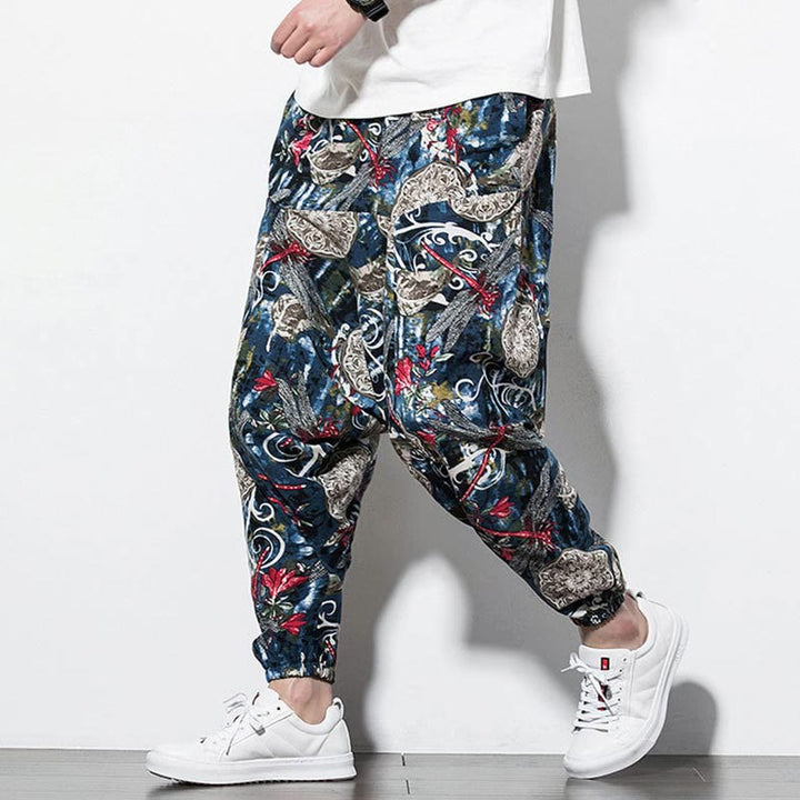 Buddha Stones Red Dragonfly Dandelion Print Cotton Men's Harem Pants With Pockets - image 6