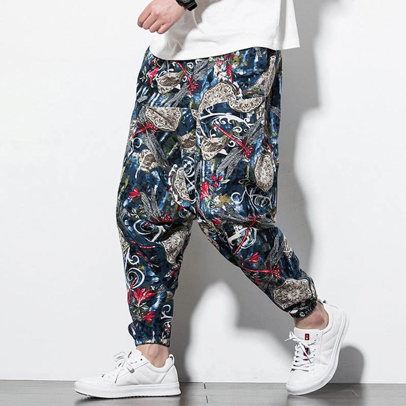 Buddha Stones Red Dragonfly Dandelion Print Cotton Men's Harem Pants With Pockets - image 6