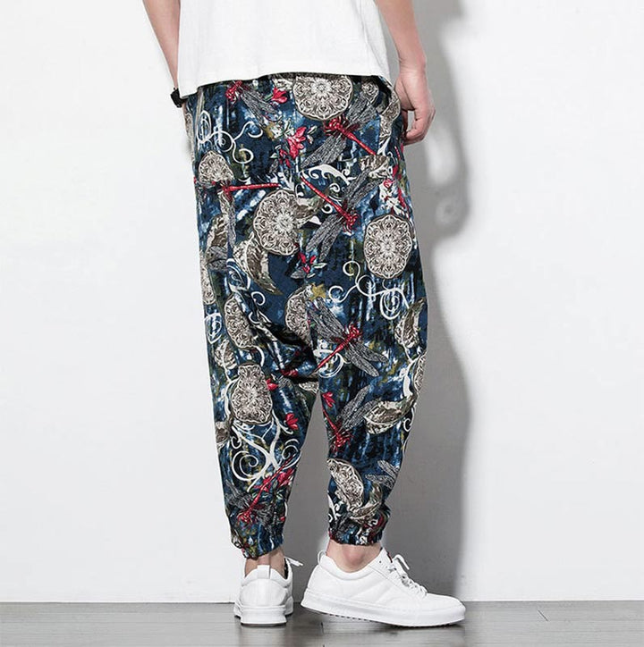 Buddha Stones Red Dragonfly Dandelion Print Cotton Men's Harem Pants With Pockets - image 2