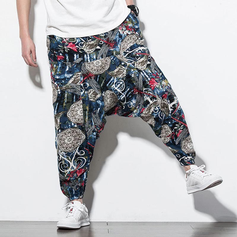 Buddha Stones Red Dragonfly Dandelion Print Cotton Men's Harem Pants With Pockets - image 7