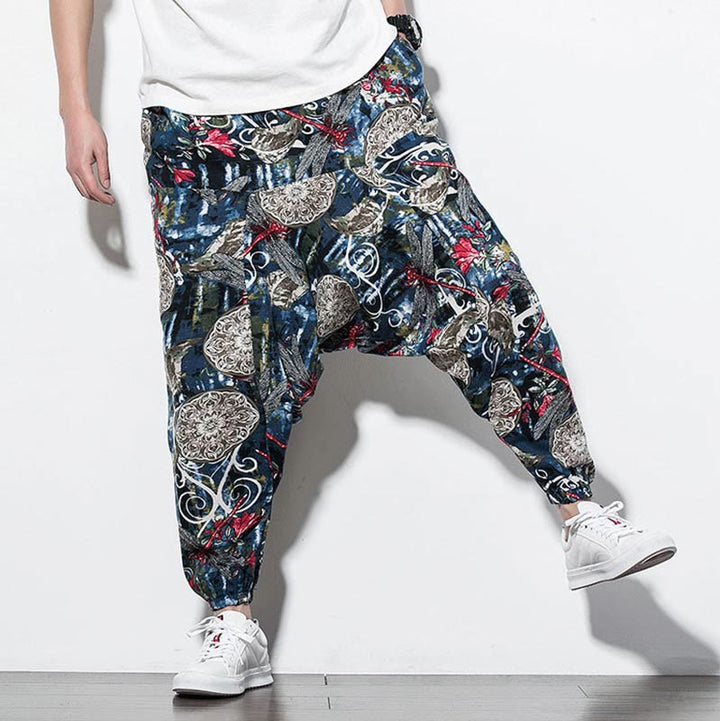Buddha Stones Red Dragonfly Dandelion Print Cotton Men's Harem Pants With Pockets - image 7