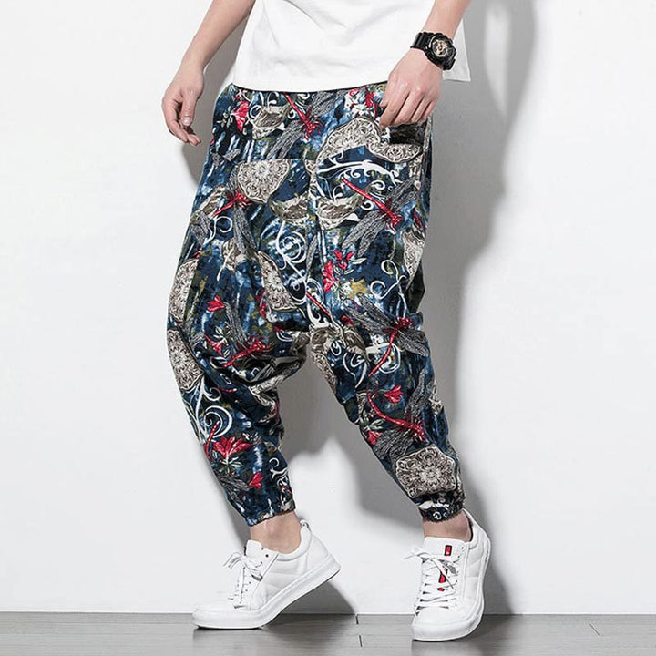 Buddha Stones Red Dragonfly Dandelion Print Cotton Men's Harem Pants With Pockets