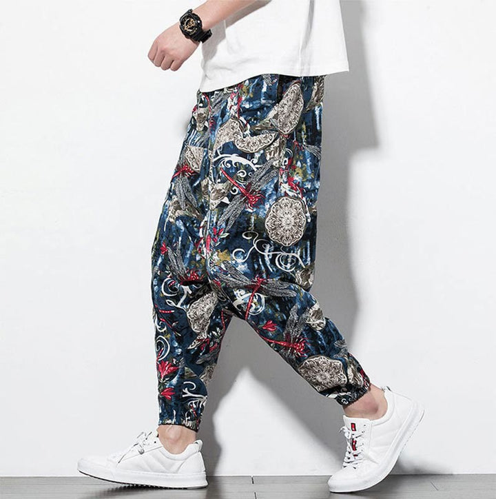Buddha Stones Red Dragonfly Dandelion Print Cotton Men's Harem Pants With Pockets - SlateGray - US/UK/AU46，EU56 (5XL) - image 0