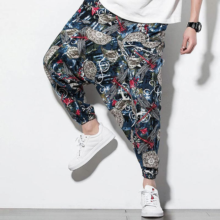 Buddha Stones Red Dragonfly Dandelion Print Cotton Men's Harem Pants With Pockets - image 8