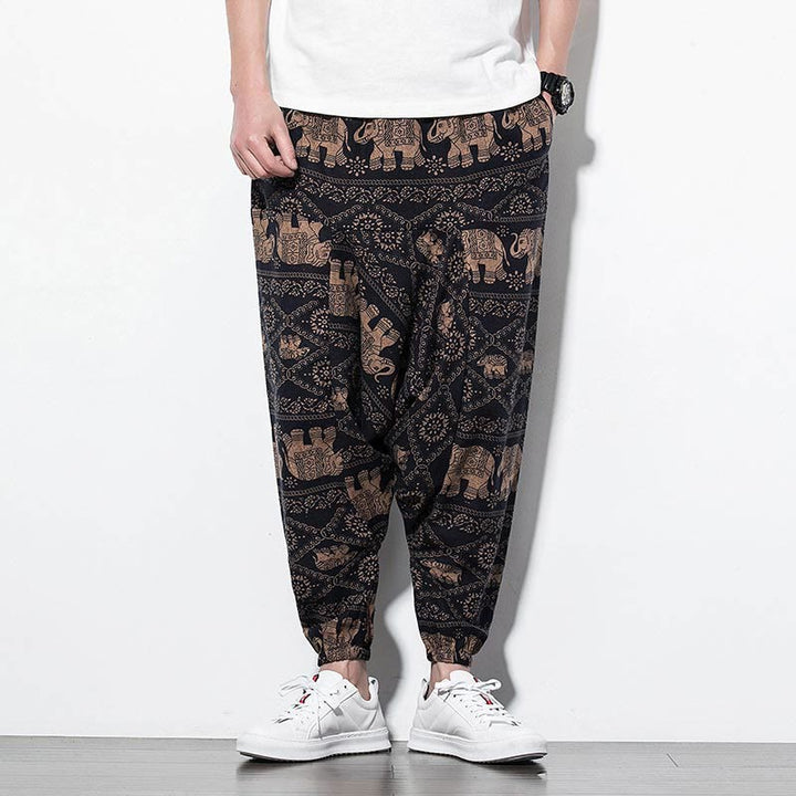 Buddha Stones Elephant Brown Black Print Cotton Men's Long Cropped Harem Pants With Pockets - image 1