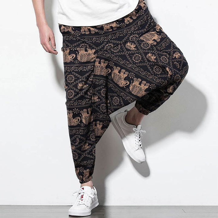 Buddha Stones Elephant Brown Black Print Cotton Men's Long Cropped Harem Pants With Pockets