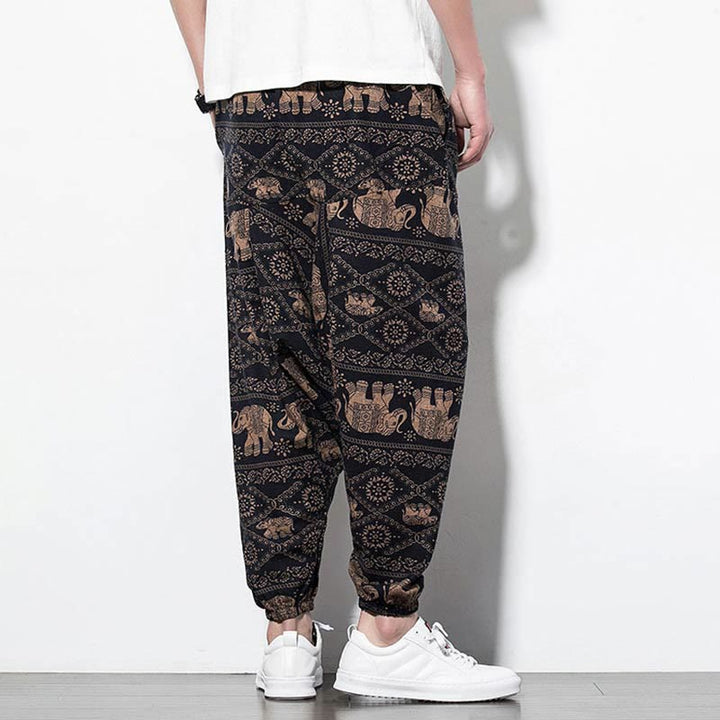 Buddha Stones Elephant Brown Black Print Cotton Men's Long Cropped Harem Pants With Pockets - image 2