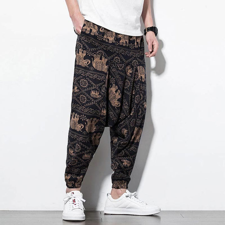 Buddha Stones Elephant Brown Black Print Cotton Men's Long Cropped Harem Pants With Pockets