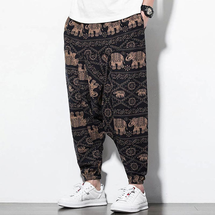 Buddha Stones Elephant Brown Black Print Cotton Men's Long Cropped Harem Pants With Pockets