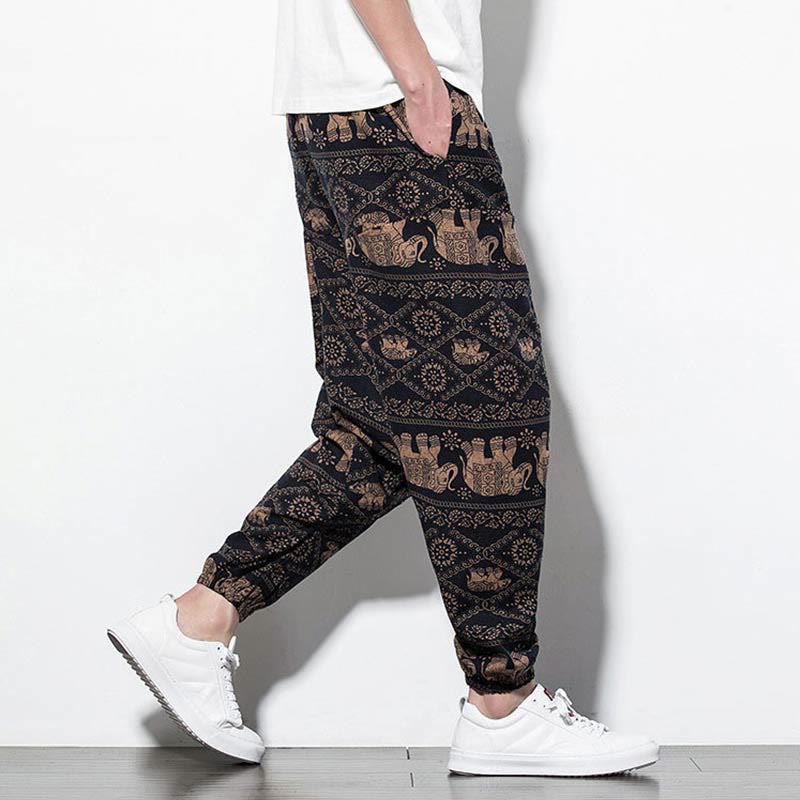 Buddha Stones Elephant Brown Black Print Cotton Men's Long Cropped Harem Pants With Pockets - image 3