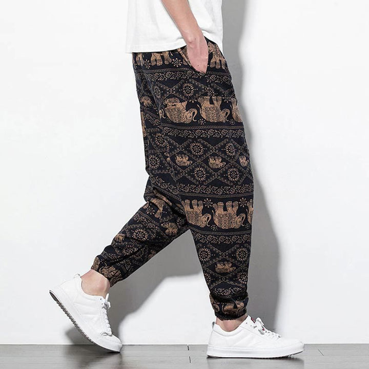 Buddha Stones Elephant Brown Black Print Cotton Men's Long Cropped Harem Pants With Pockets - image 3