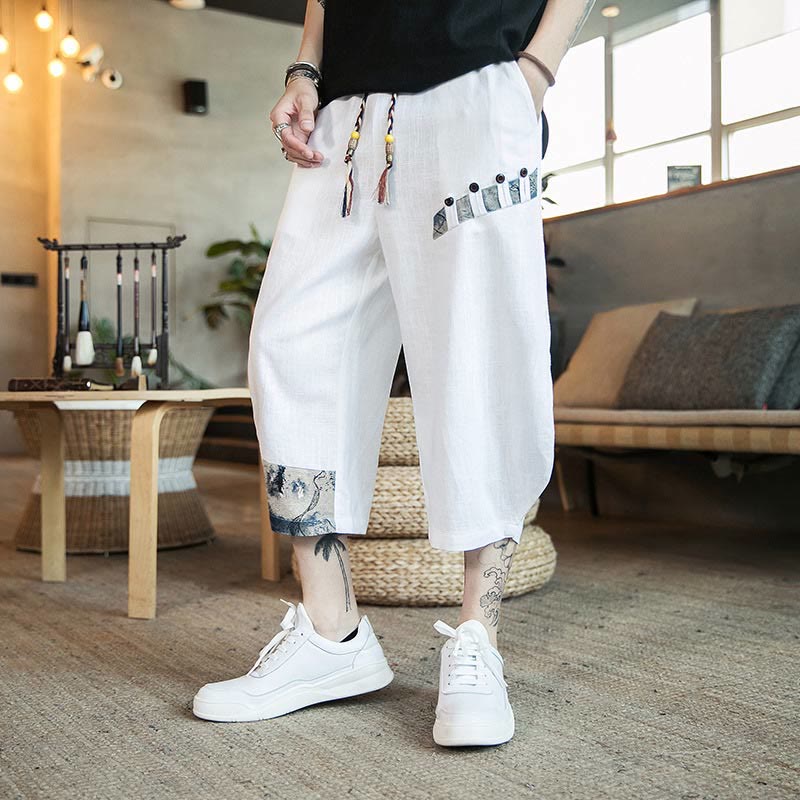 Buddha Stones Patchwork Design Drawstring Cotton Men's Cropped Pants With Pockets - image 7