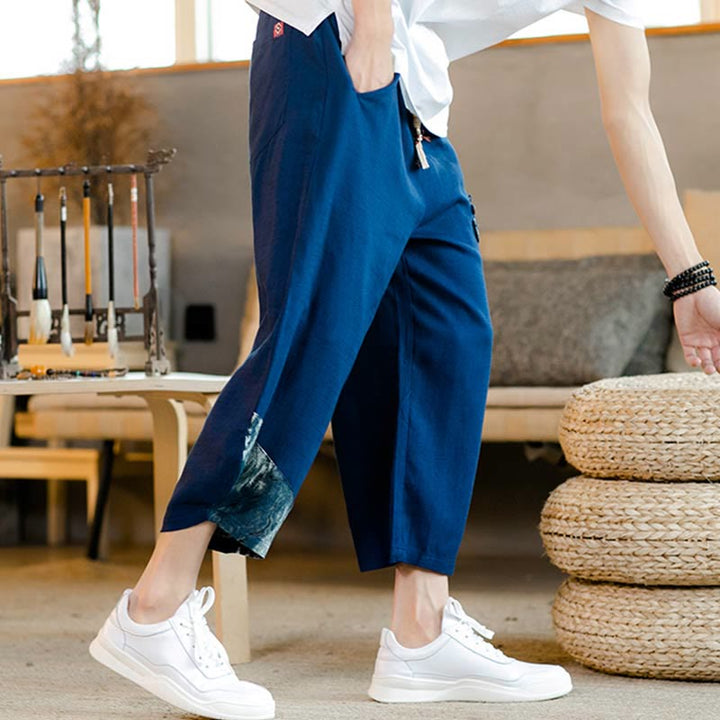 Buddha Stones Patchwork Design Drawstring Cotton Men's Cropped Pants With Pockets - image 11