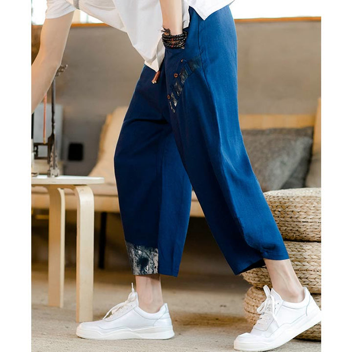 Buddha Stones Patchwork Design Drawstring Cotton Men's Cropped Pants With Pockets - image 12