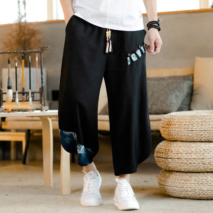 Buddha Stones Patchwork Design Drawstring Cotton Men's Cropped Pants With Pockets - Black - US/UK/AU46，EU56 (5XL)  - image 15