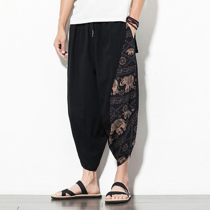 Buddha Stones Brown Elephant Print Cotton Men's Cropped Harem Pants With Pockets - image 6