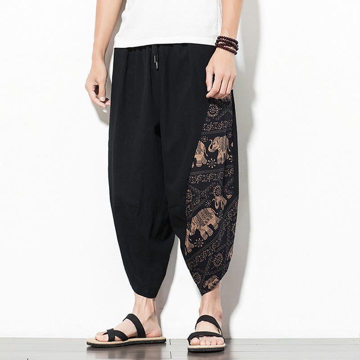 Buddha Stones Brown Elephant Print Cotton Men's Cropped Harem Pants With Pockets - image 3