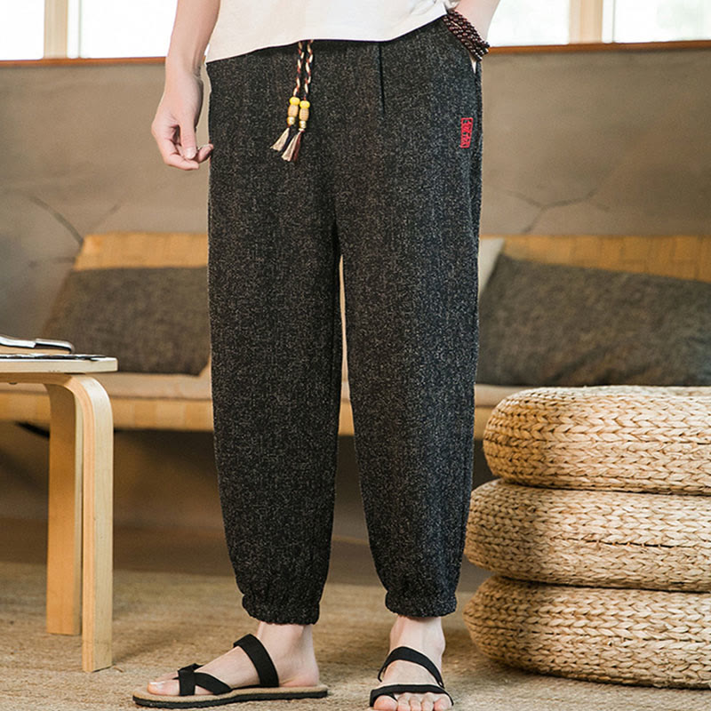 Buddha Stones Plain Drawstring Cotton Men's Harem Pants With Pockets