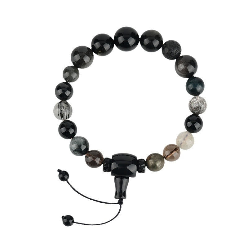 Buddha Stones Five Elements Various Crystal Black Obsidian Wealth Wisdom Bracelet