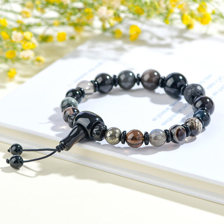 Buddha Stones Five Elements Various Crystal Black Obsidian Wealth Wisdom Bracelet